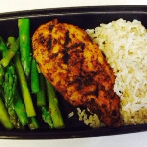 Blackened Chicken with White Rice and Asparagus